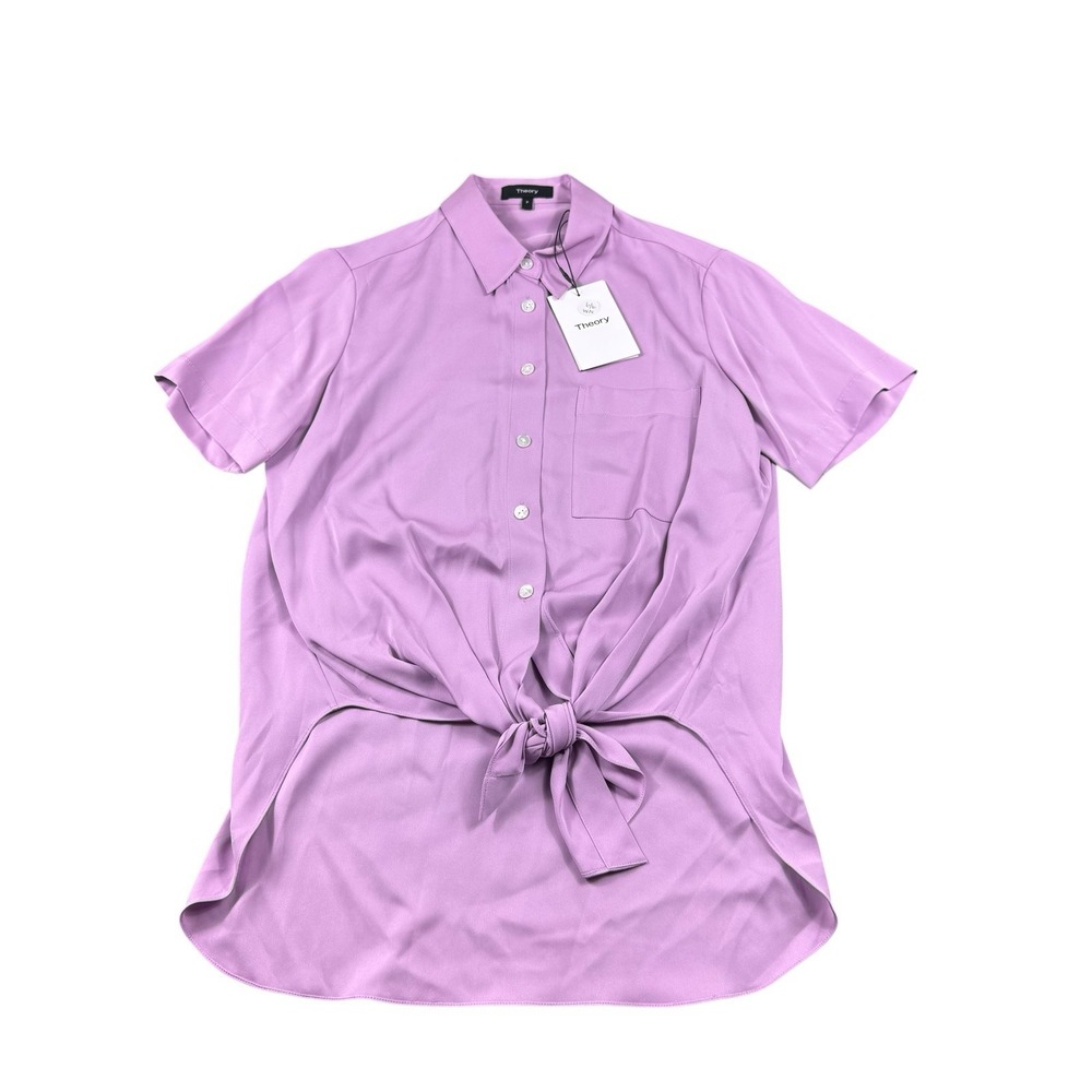 Theory Hekanina 2 Bright Lilac Silk Tie Front Button Up Shirt K0202503 Size P